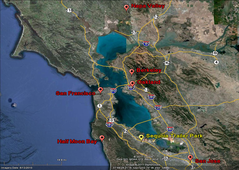 Bay Area Map Showing Sequoia Trailer Park and Nearby Cities